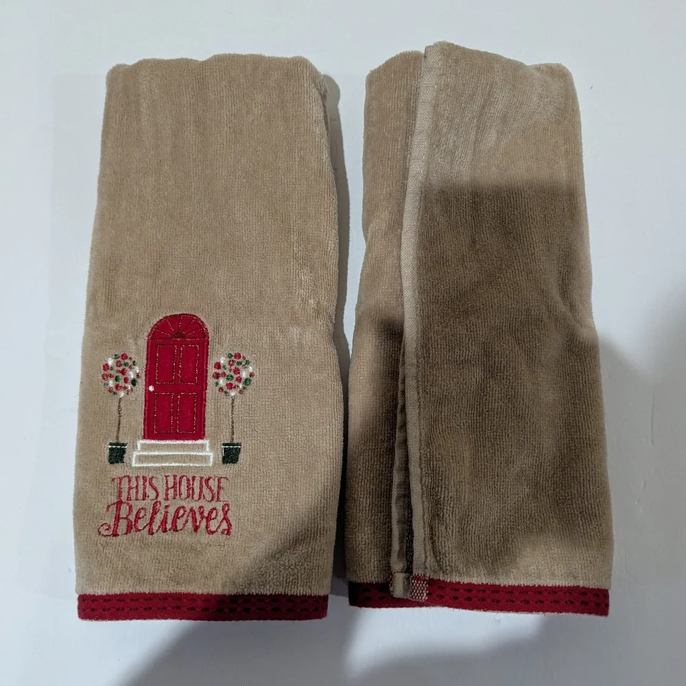 Decorative Tan Hand Towels with Red Door Design. 1 Pr. ( This House Believes).